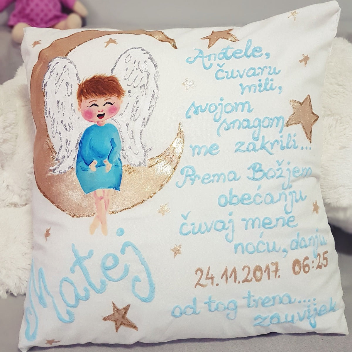 personalizirana oslikana jastučnica za bebe i djecu poklon za rođenje krštenje babinje rođendan unikat, personalizirani pokloni za bebe, personalizirani pokloni za djecu, persinalizirani pokloni za krštenje, poklon u babinje